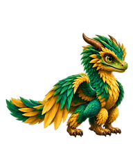 Émeraude, dragon à plumes vertes et dorées et aux cornes recourbées
