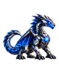 Dragon mécanique argenté, réacteur et ailes lumineuses bleues