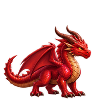 Dragon rouge à écailles cramoisies, ventre doré et grandes cornes recourbées